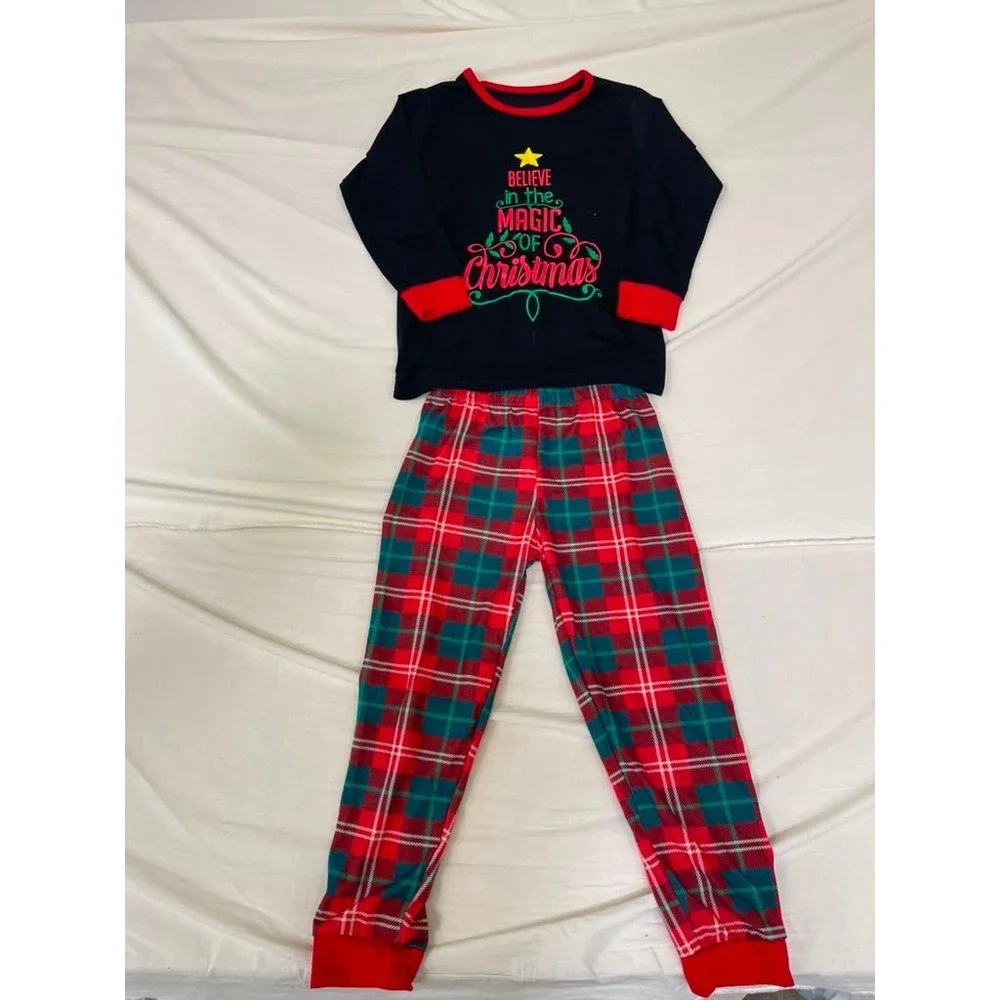 Kids Christmas Pajama Set Black Believe Magic Top Red Green Plaid Pants 8-10